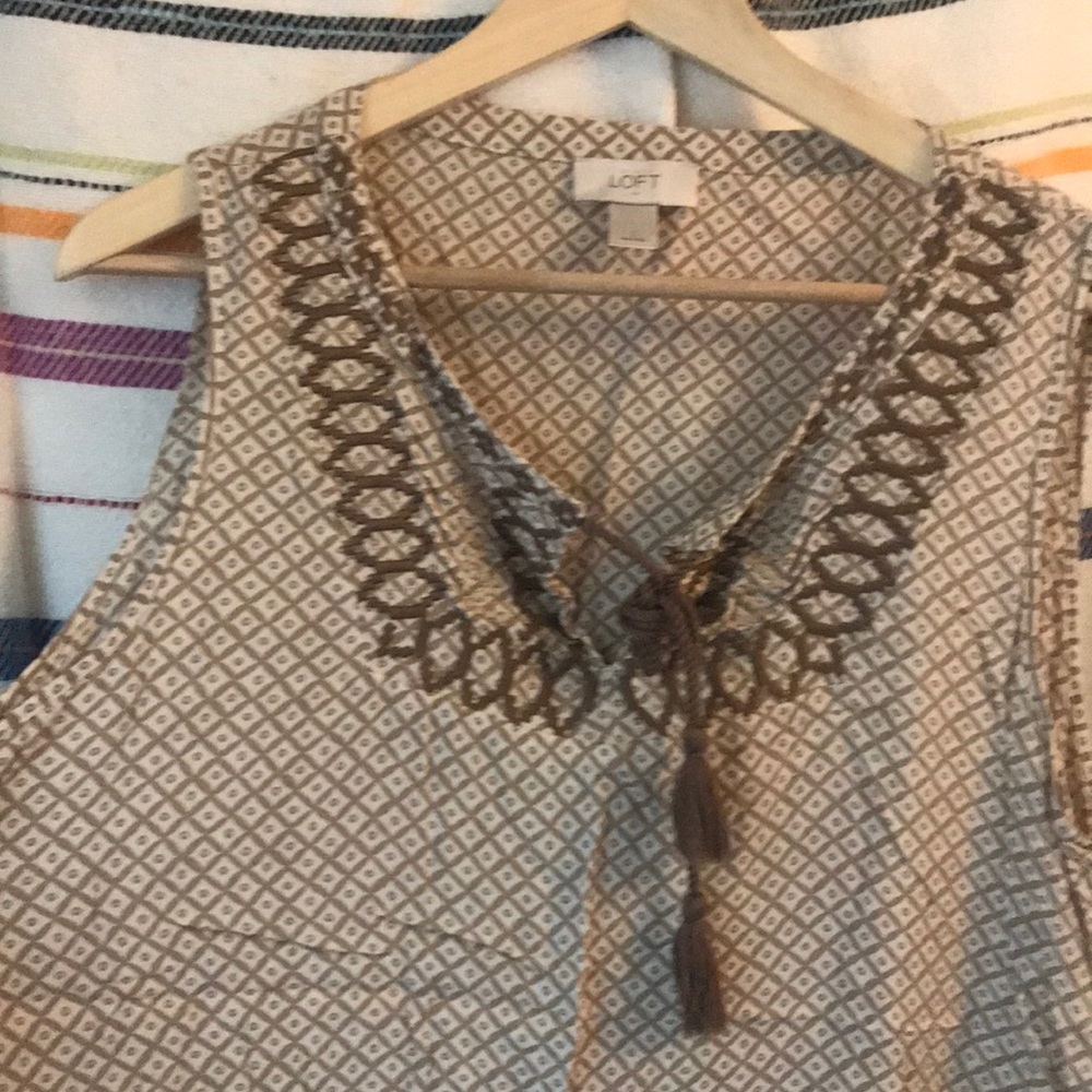 Tan patterned tank with embroidery and tassels